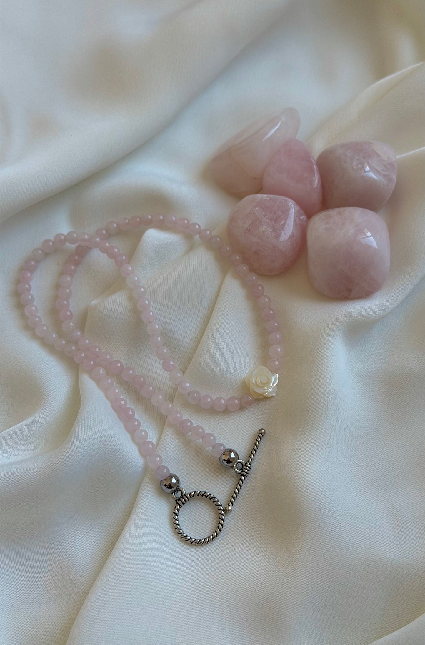 Rose Quartz with White Mother of Pearl rose - Necklace