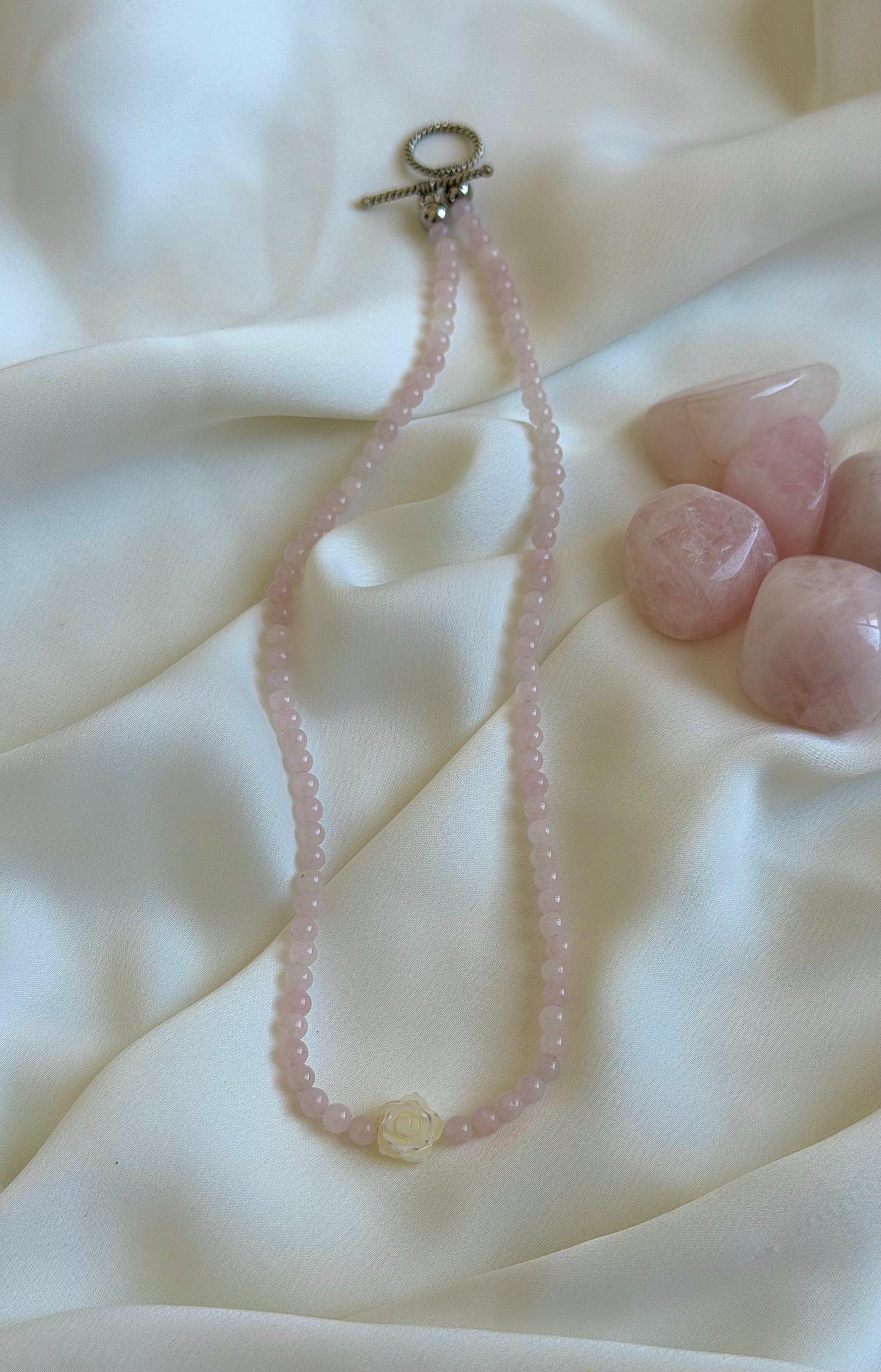 Rose Quartz with White Mother of Pearl rose - Necklace