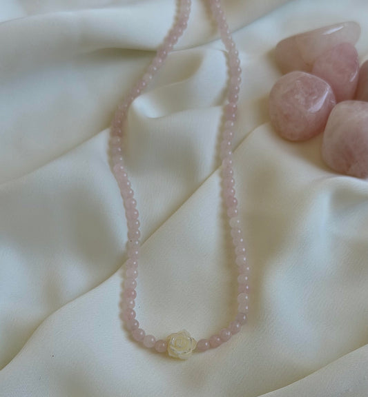 Rose Quartz with White Mother of Pearl rose - Necklace